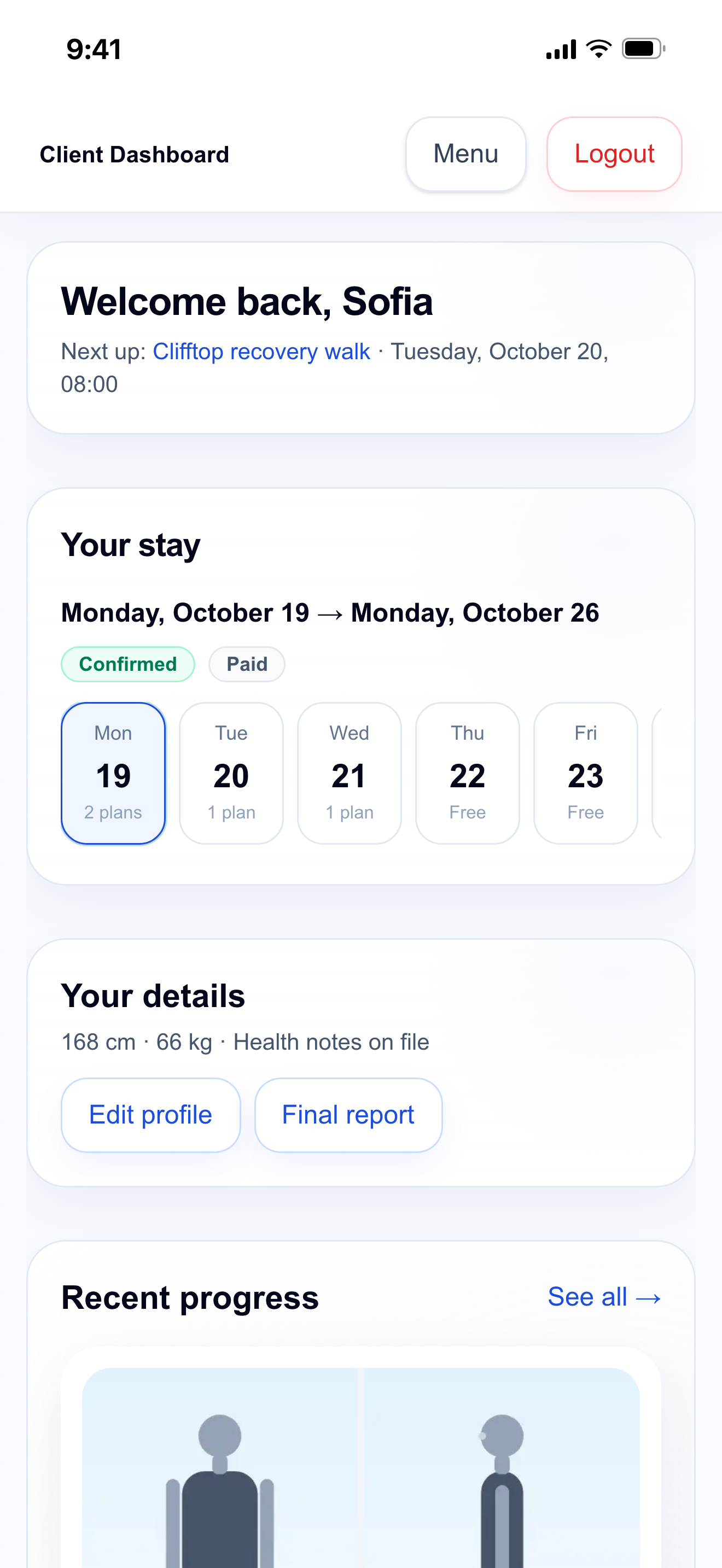 Bootcamp client app dashboard showing the current stay