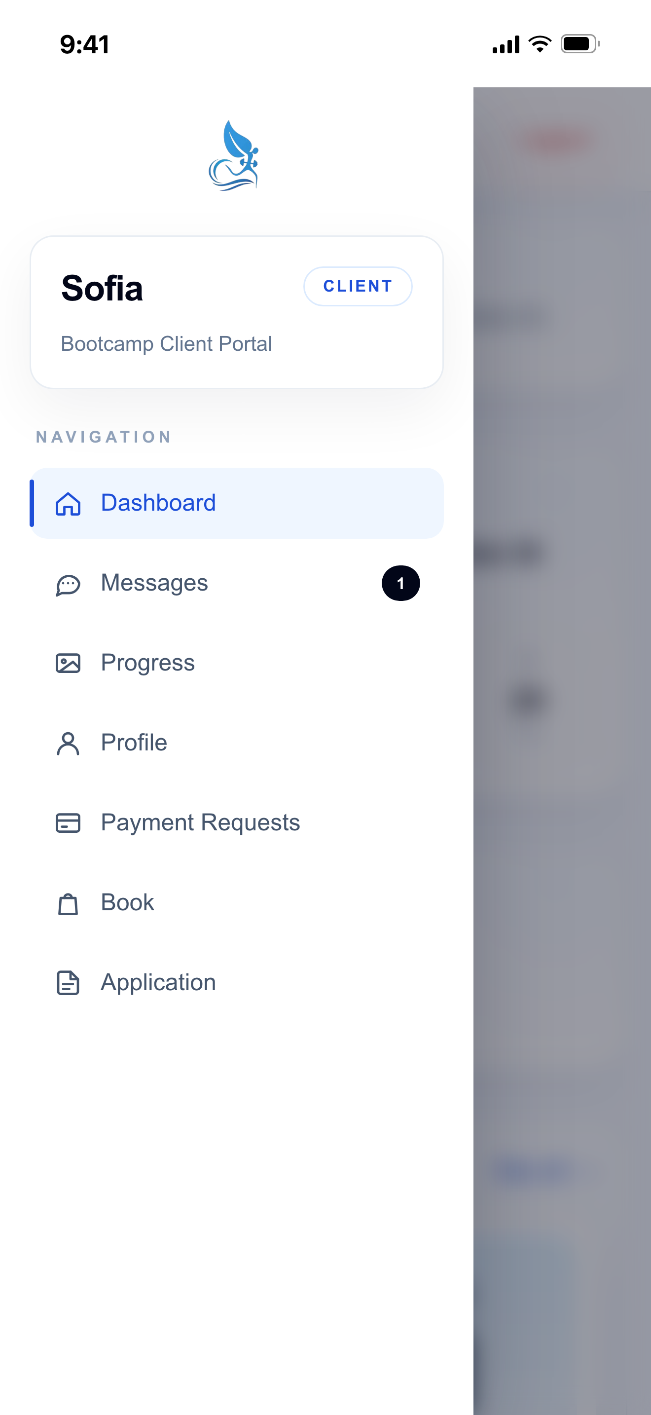 Bootcamp client app navigation menu