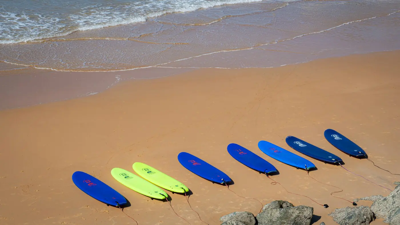 Row of colourful soft-top surfboards on the sand