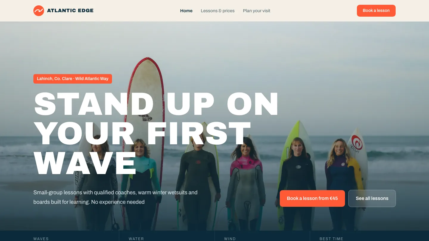 Atlantic Edge Surf School concept website home page