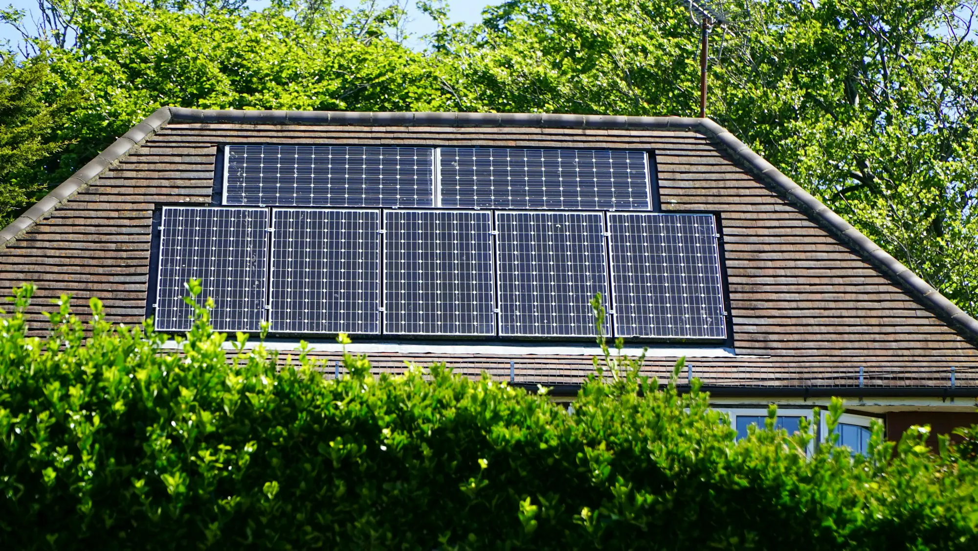 House roof with solar panels surrounded by green trees