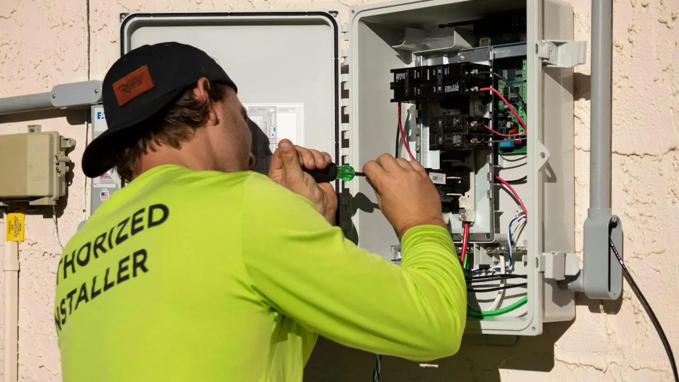 Installer wiring an inverter and electrical box