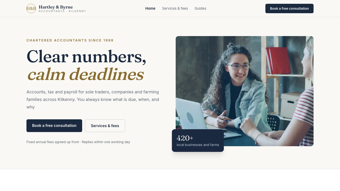 Hartley & Byrne Accountants concept website home page