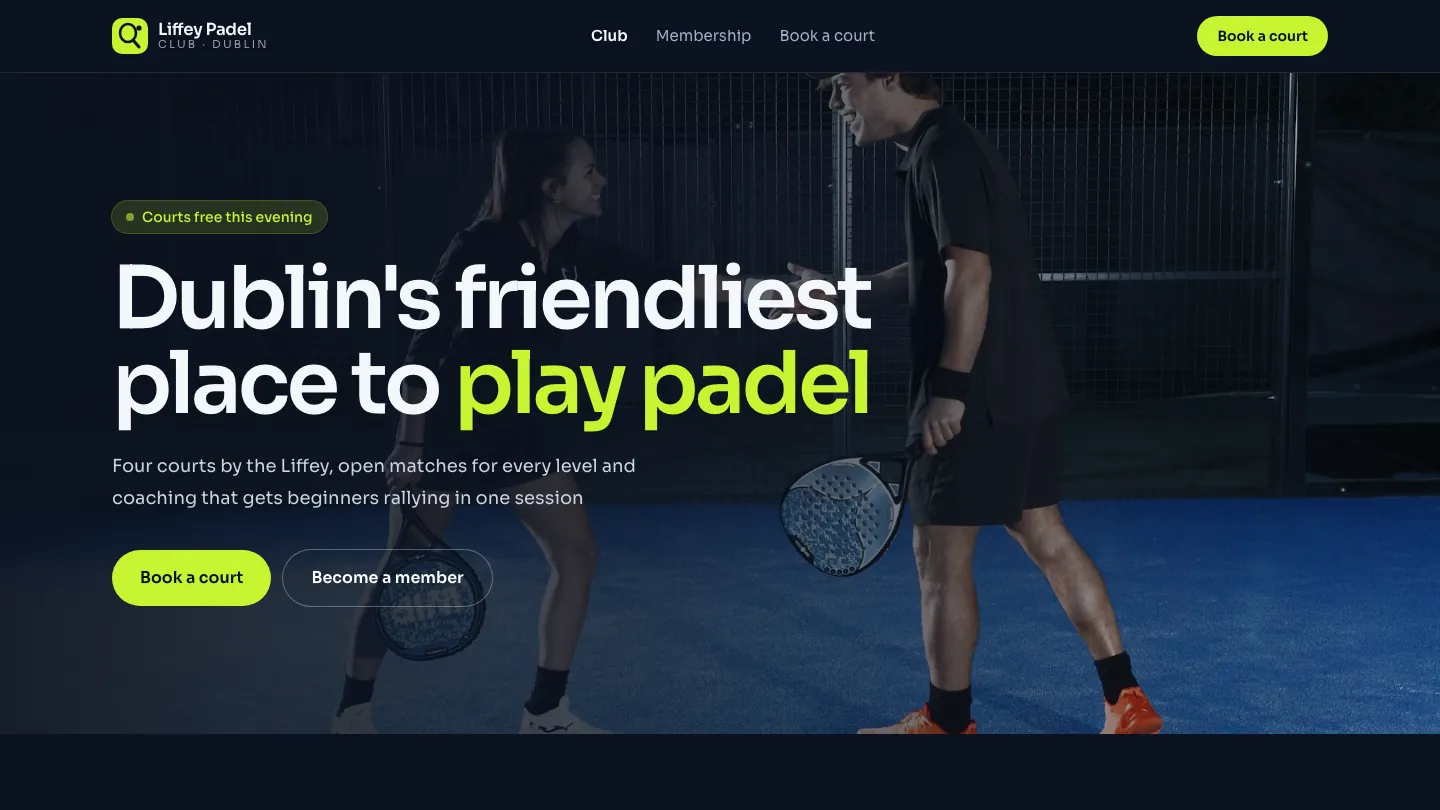 Liffey Padel Club concept website home page