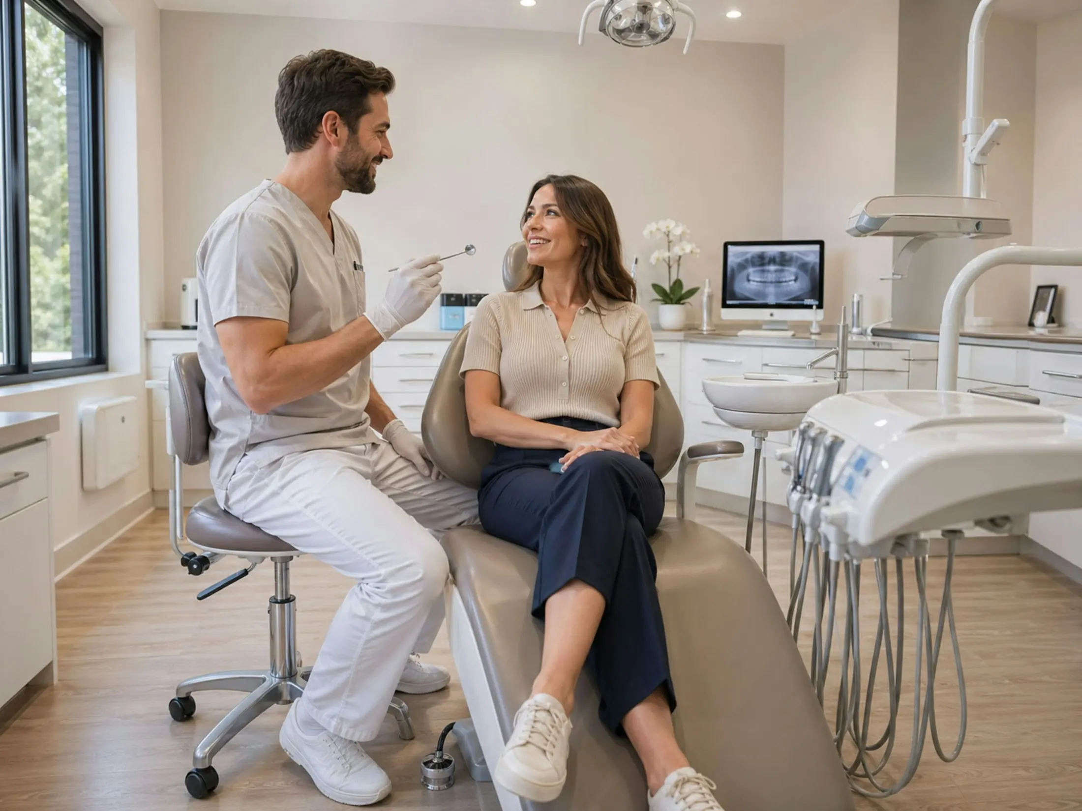 Dentist chatting with a smiling patient in the chair