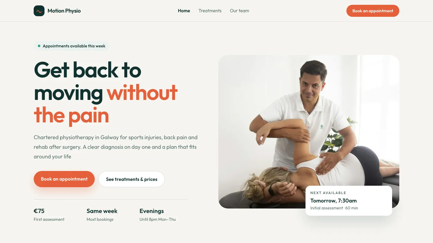 Motion Physio concept website home page