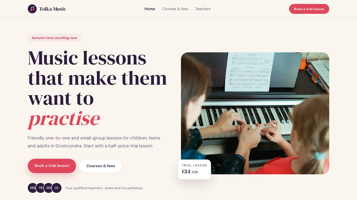 Tolka Music Academy concept website home page